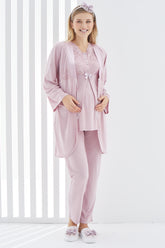 Lace Collar 3-Pieces Maternity & Nursing Pajamas With Robe Dried Rose - 3410