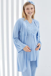 Lace Collar 3-Pieces Maternity & Nursing Pajamas With Robe Blue - 3410