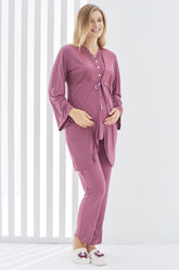 Lace Collar 3-Pieces Maternity & Nursing Pajamas With Robe Plum - 3410