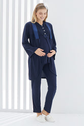 Lace Collar 3-Pieces Maternity & Nursing Pajamas With Robe Navy Blue - 3410
