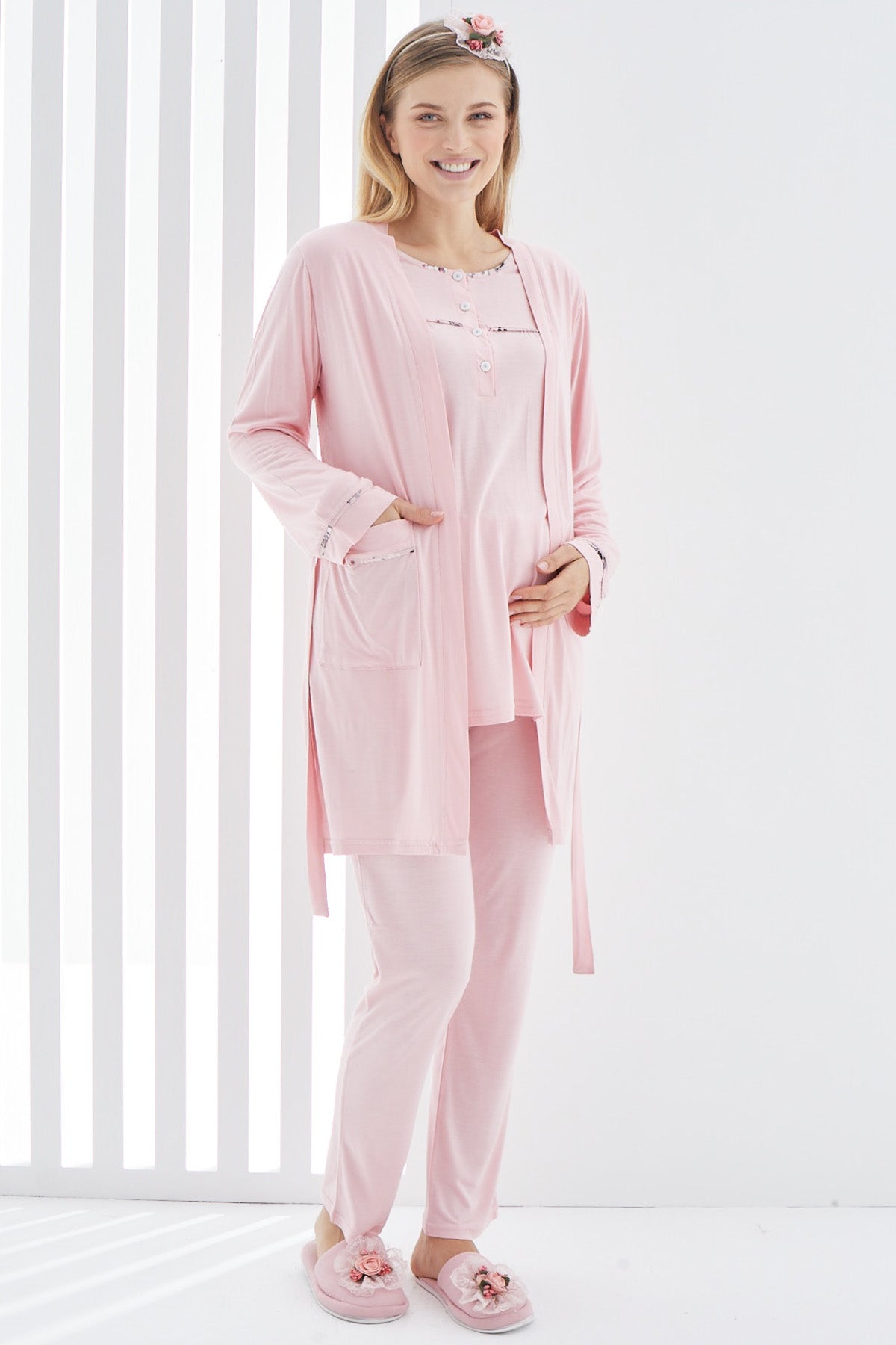 Stripe 3-Pieces Maternity & Nursing Pajamas With Robe Pink - 3408