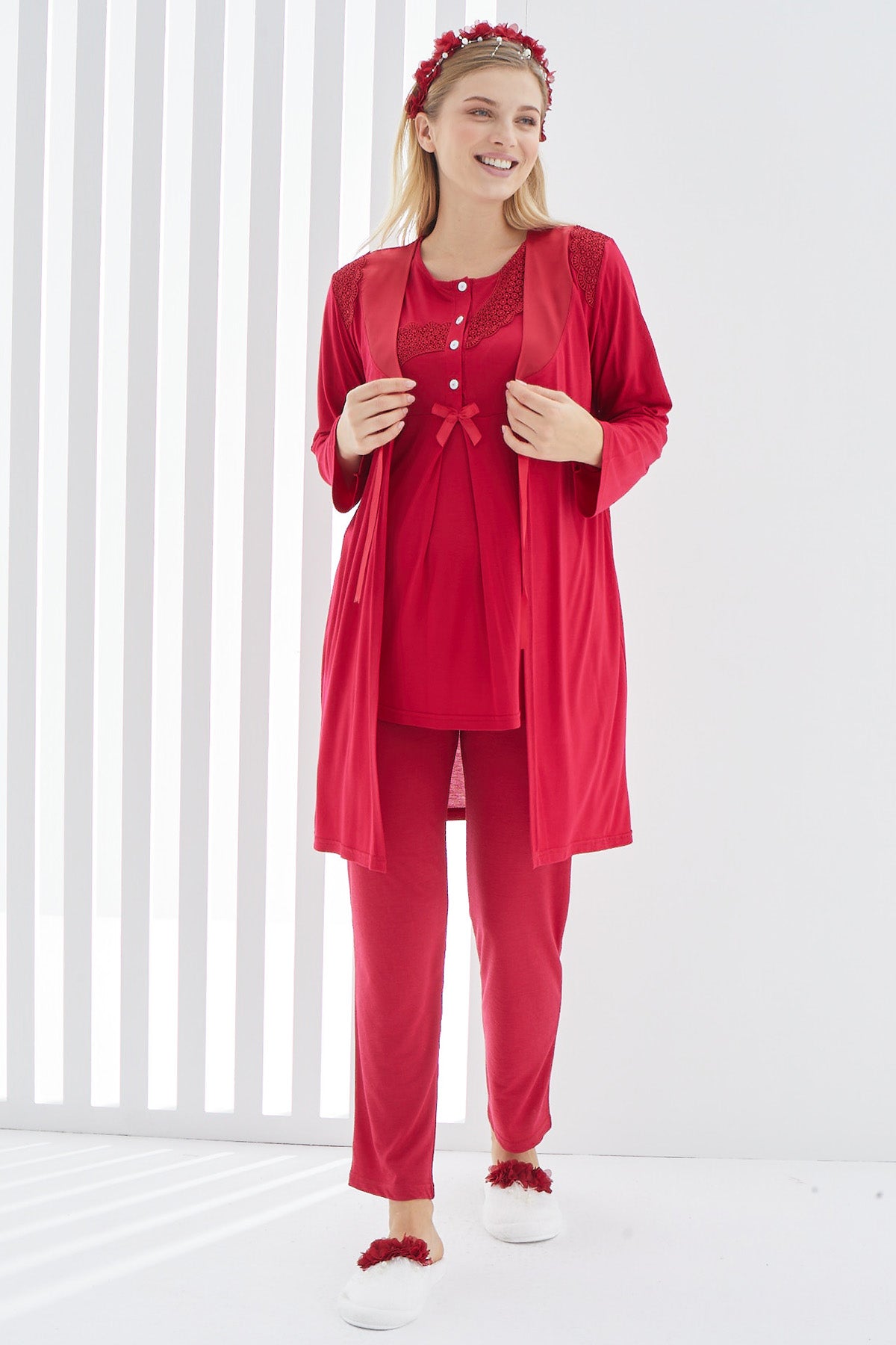 Guipure 3-Pieces Maternity & Nursing Pajamas With Robe Red - 3407