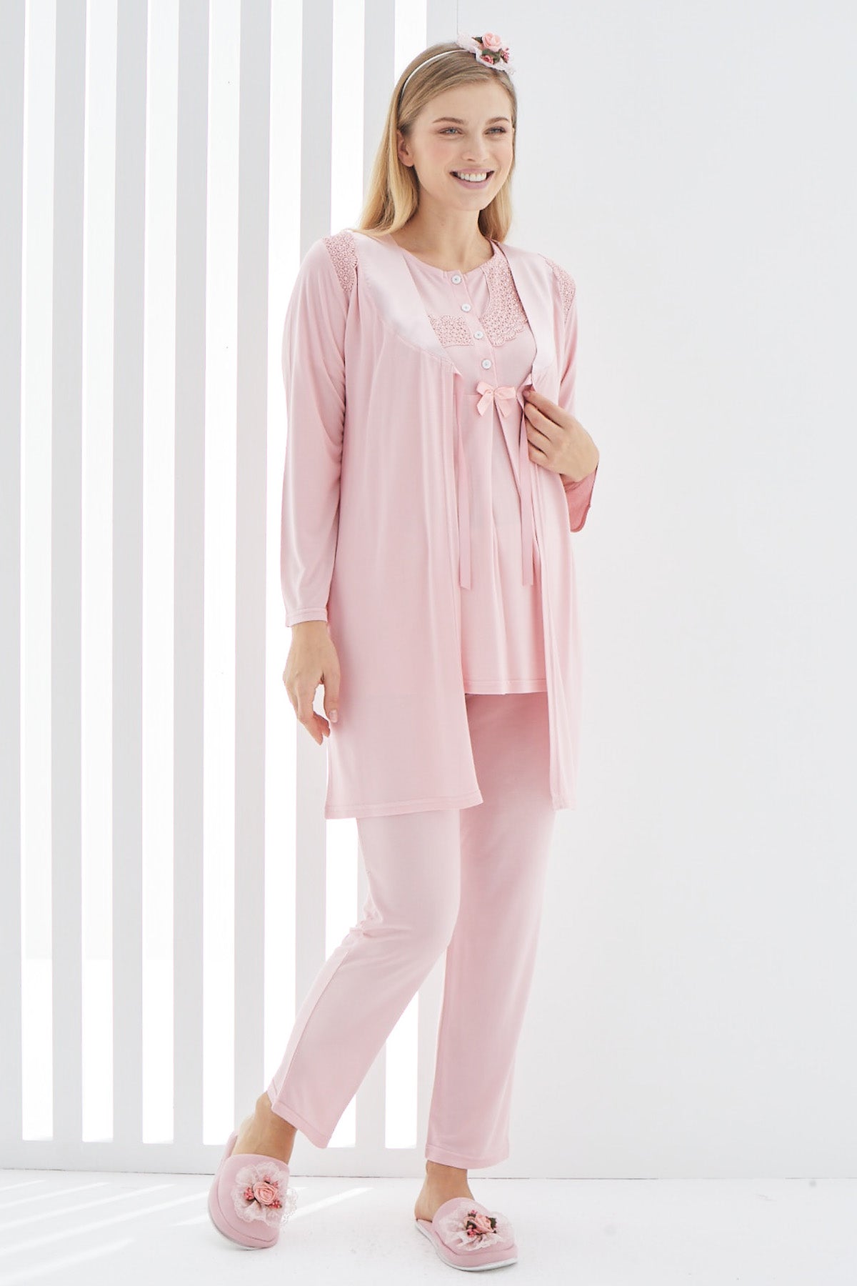 Guipure 3-Pieces Maternity & Nursing Pajamas With Robe Powder - 3407