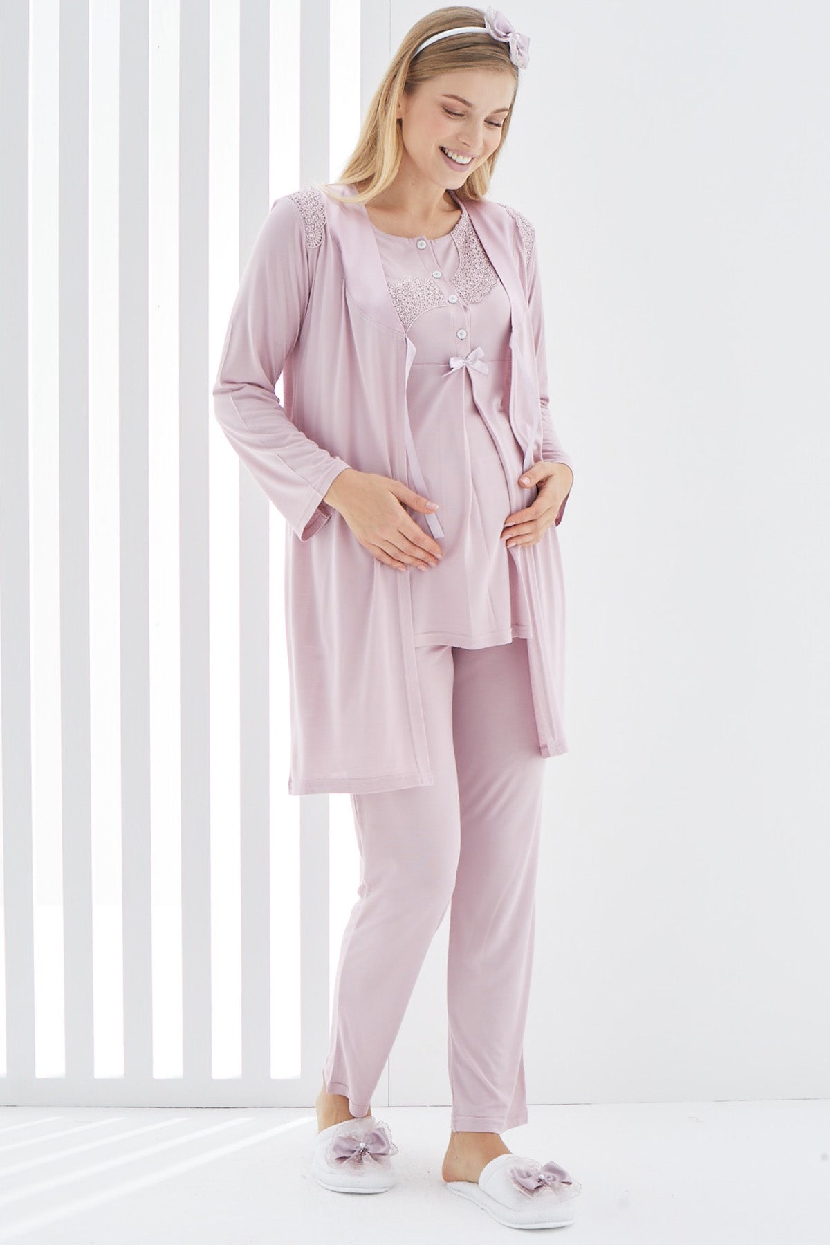 Guipure 3-Pieces Maternity & Nursing Pajamas With Robe Dried Rose - 3407