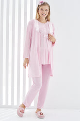 Guipure 3-Pieces Maternity & Nursing Pajamas With Robe Pink - 3407