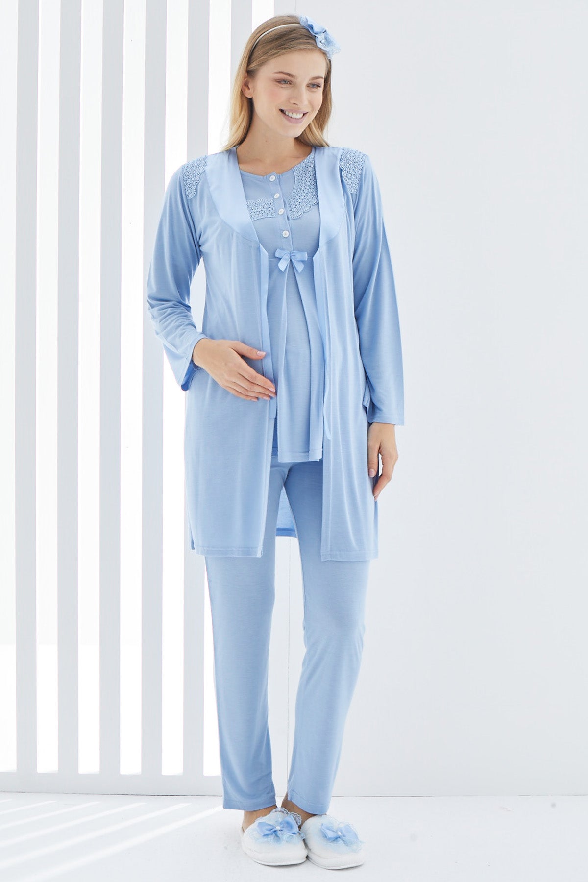 Guipure 3-Pieces Maternity & Nursing Pajamas With Robe Blue - 3407