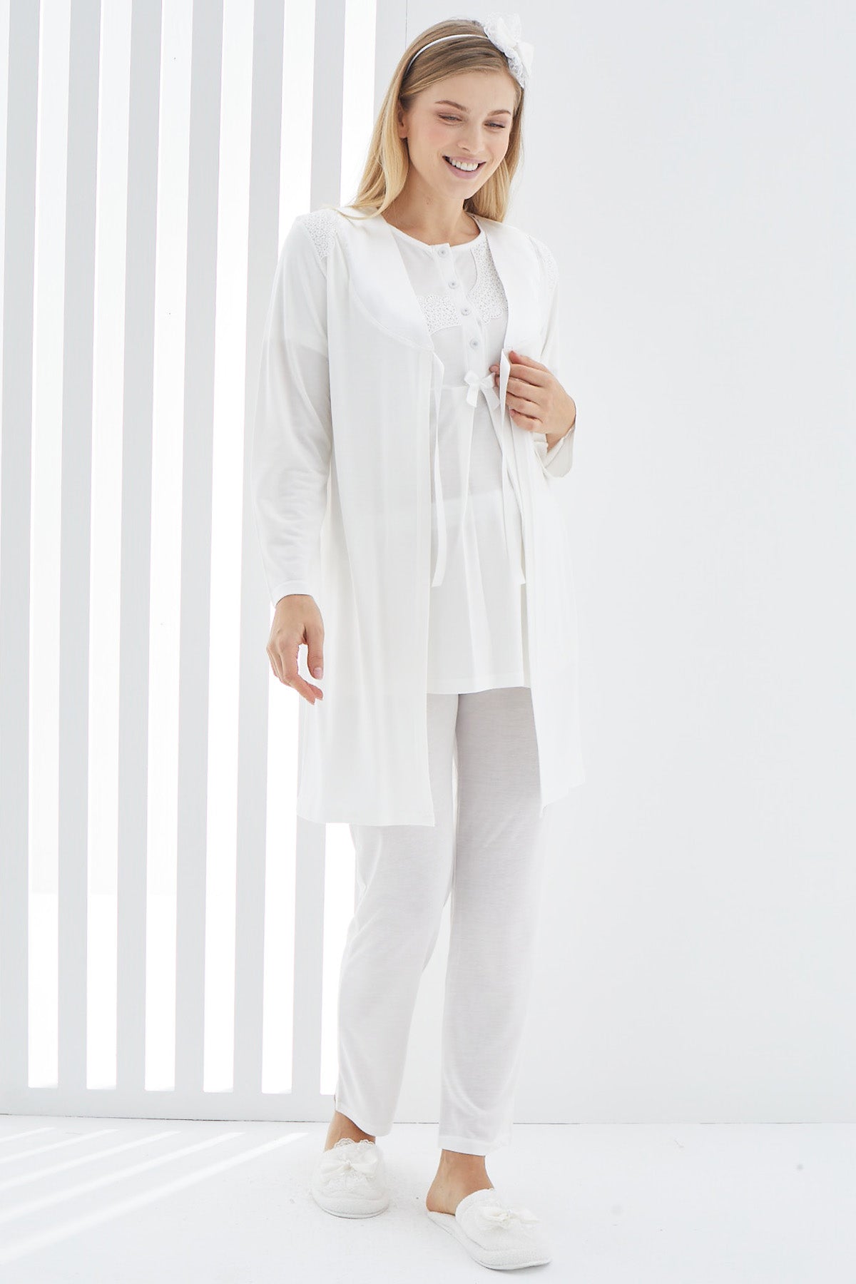 Guipure 3-Pieces Maternity & Nursing Pajamas With Robe Ecru - 3407