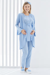 Lace 3-Pieces Maternity & Nursing Pajamas With Flywheel Arm Robe Blue - 3406