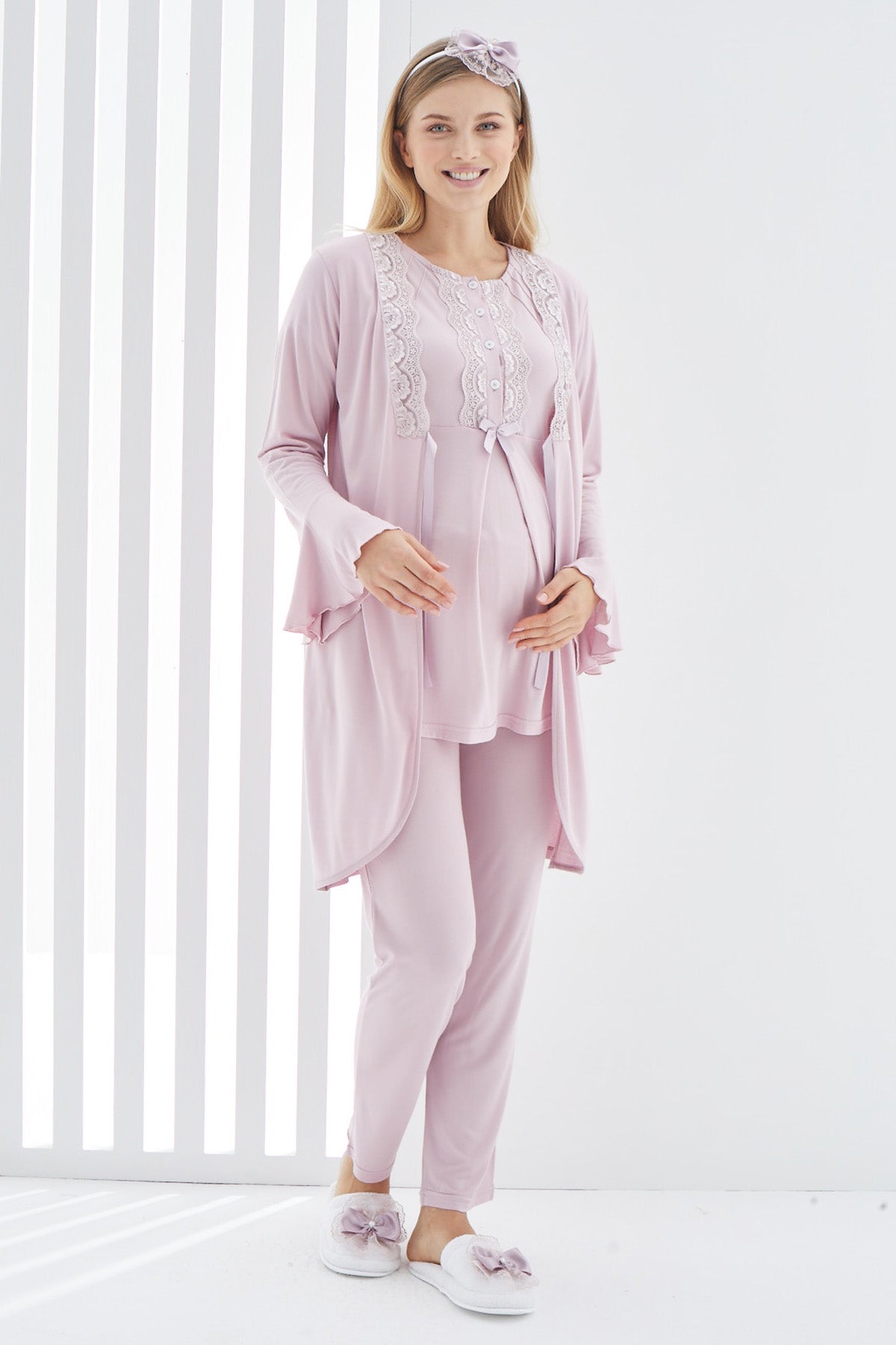 Lace 3-Pieces Maternity & Nursing Pajamas With Flywheel Arm Robe Dried Rose - 3406