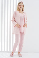 Lace 3-Pieces Maternity & Nursing Pajamas With Jacquard Robe Powder - 3405