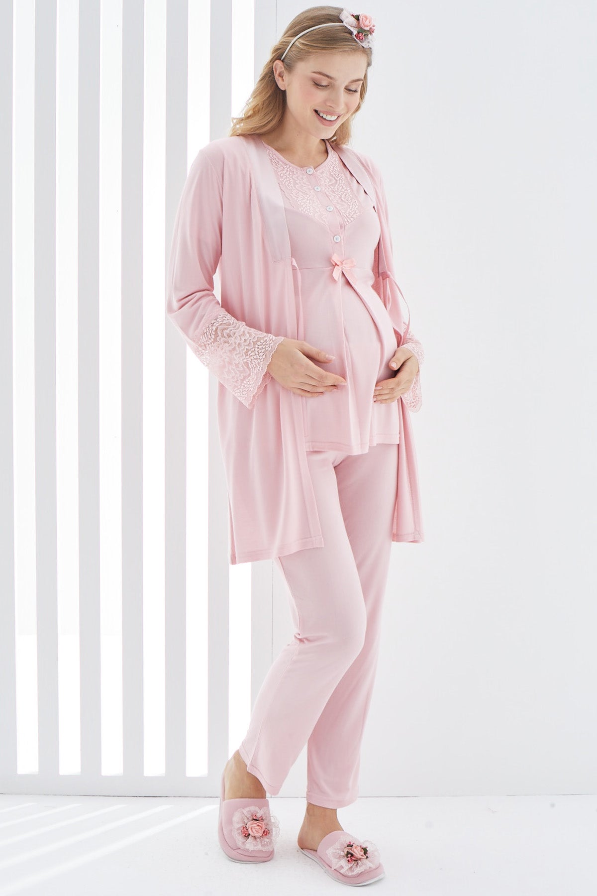 Guipure 3-Pieces Maternity & Nursing Pajamas With Lace Sleeve Robe Powder - 3404