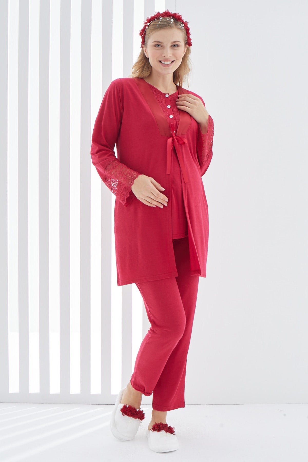Guipure 3-Pieces Maternity & Nursing Pajamas With Lace Sleeve Robe Red - 3404