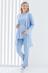Guipure 3-Pieces Maternity & Nursing Pajamas With Lace Sleeve Robe Blue - 3404