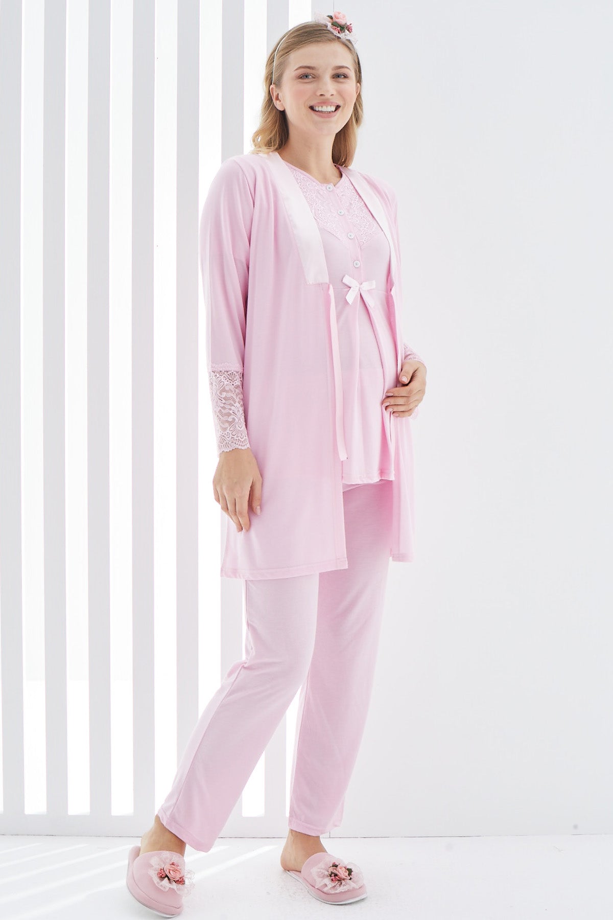 Guipure 3-Pieces Maternity & Nursing Pajamas With Lace Sleeve Robe Pink - 3404