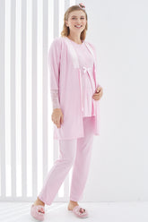 Guipure 3-Pieces Maternity & Nursing Pajamas With Lace Sleeve Robe Pink - 3404