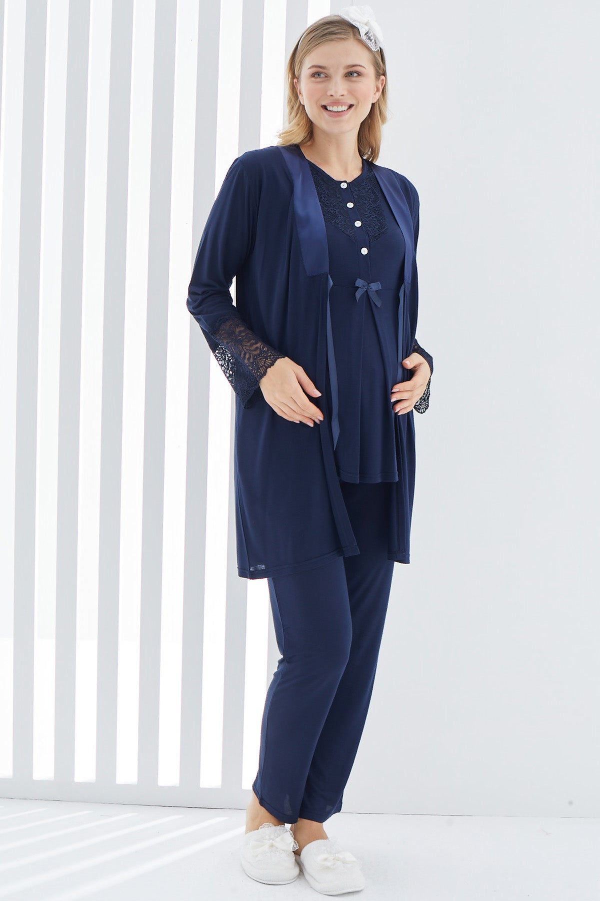 Guipure 3-Pieces Maternity & Nursing Pajamas With Lace Sleeve Robe Navy Blue - 3404