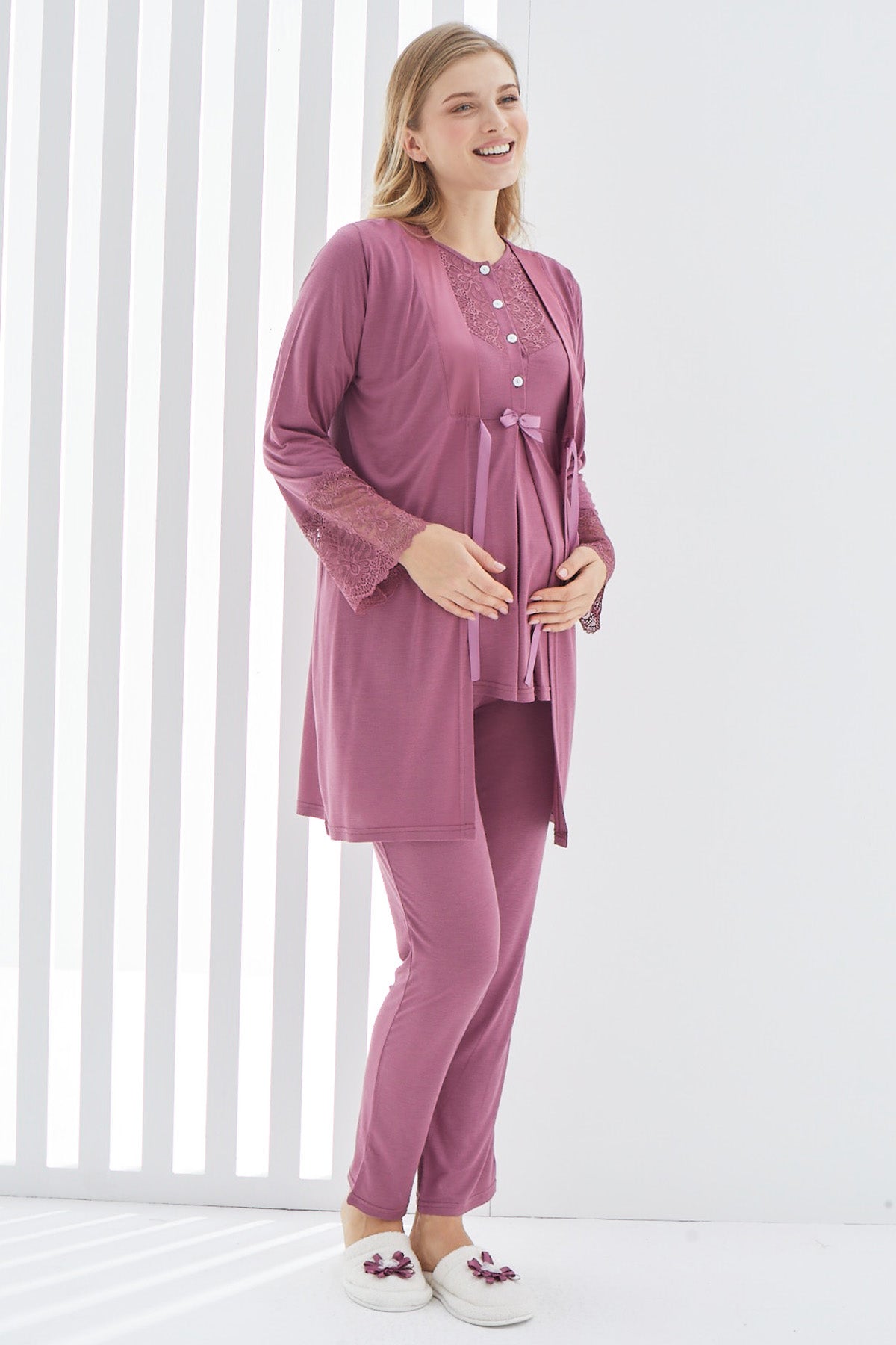 Guipure 3-Pieces Maternity & Nursing Pajamas With Lace Sleeve Robe Plum - 3404