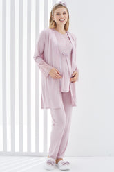 Guipure 3-Pieces Maternity & Nursing Pajamas With Lace Sleeve Robe Dried Rose - 3404