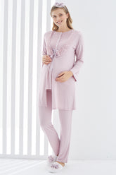 Guipure 3-Pieces Maternity & Nursing Pajamas With Lace Collar Robe Dried Rose - 3403
