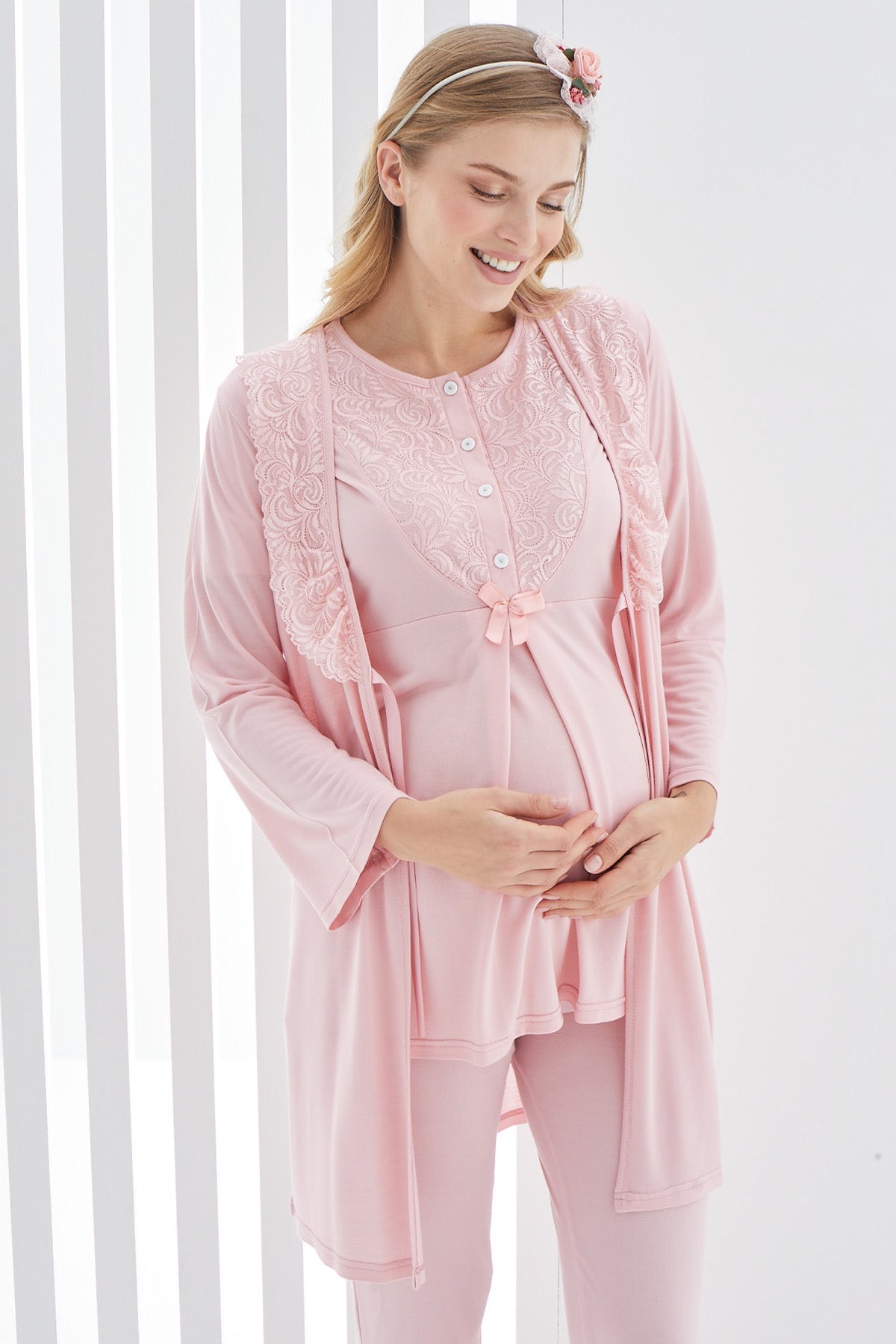 Guipure 3-Pieces Maternity & Nursing Pajamas With Lace Collar Robe Powder - 3403