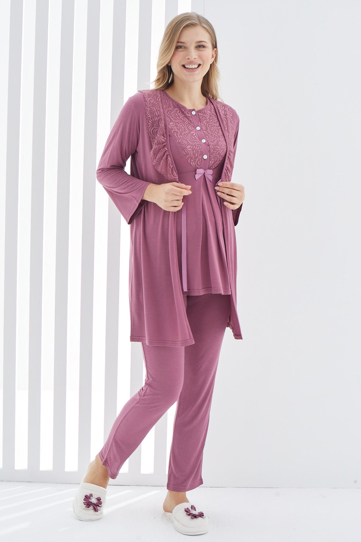 Guipure 3-Pieces Maternity & Nursing Pajamas With Lace Collar Robe Plum - 3403