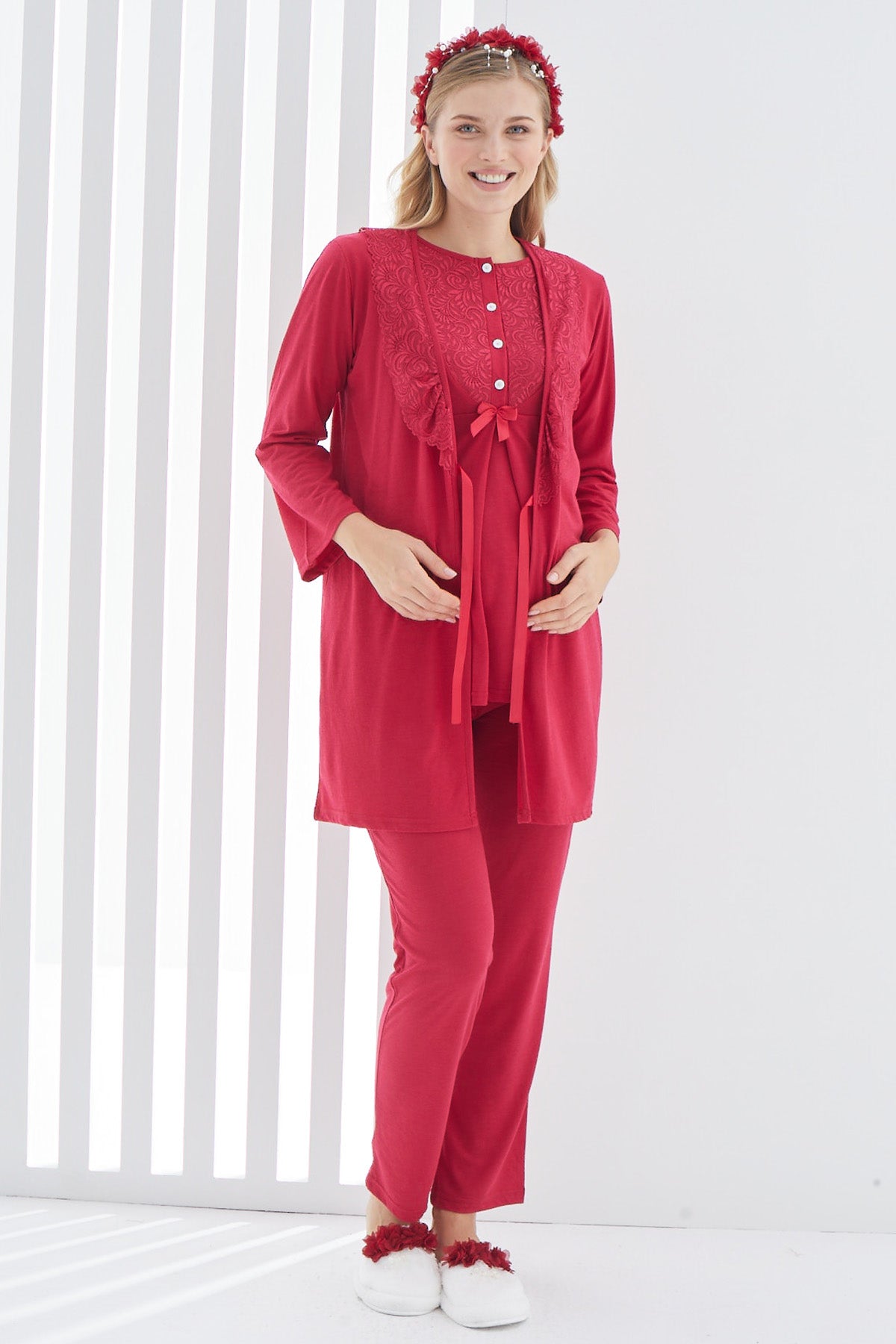 Guipure 3-Pieces Maternity & Nursing Pajamas With Lace Collar Robe Red - 3403