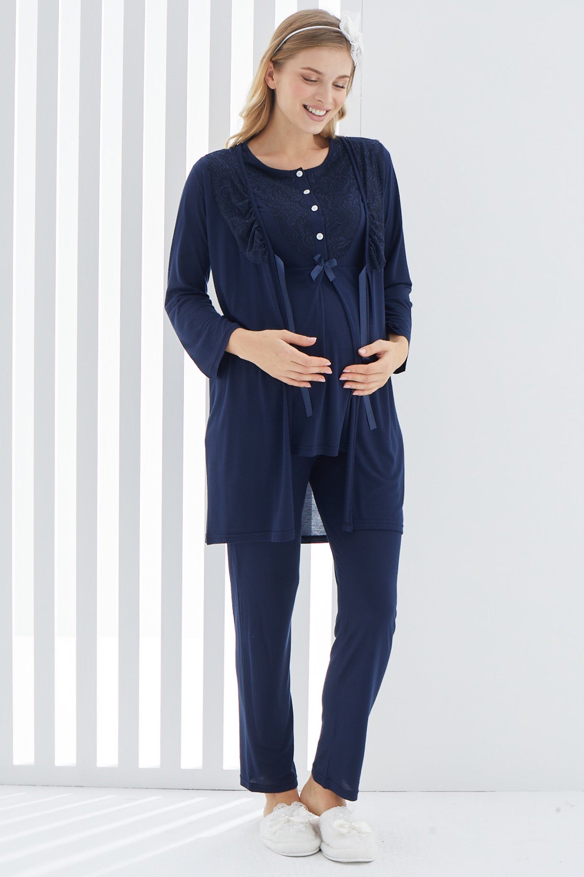 Guipure 3-Pieces Maternity & Nursing Pajamas With Lace Collar Robe Navy Blue - 3403