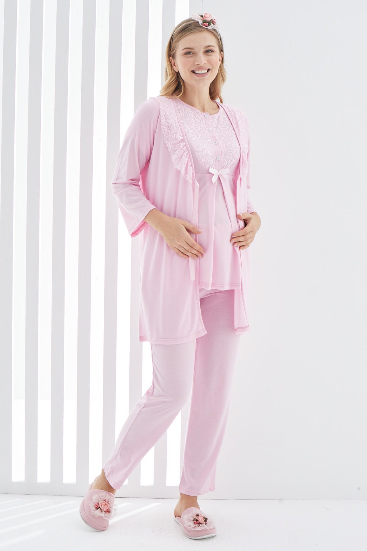 Guipure 3-Pieces Maternity & Nursing Pajamas With Lace Collar Robe Pink - 3403