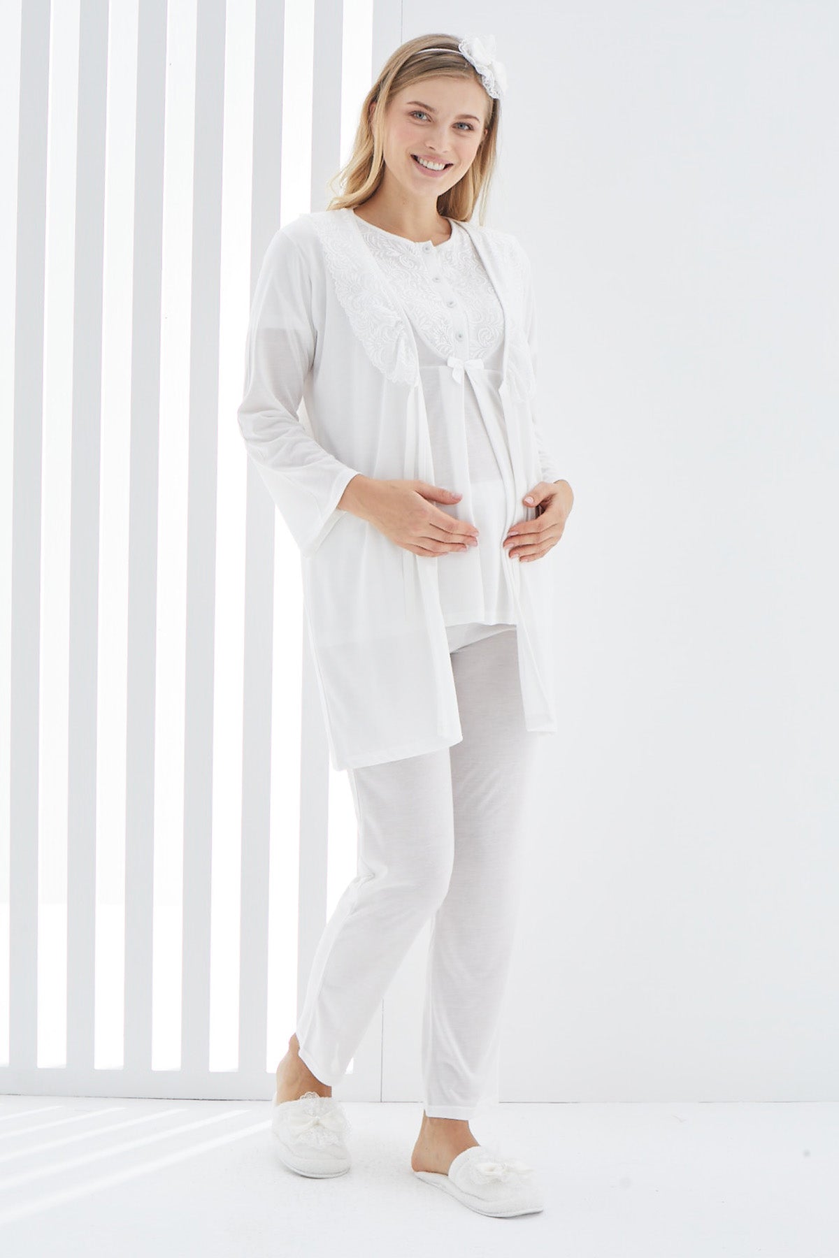 Guipure 3-Pieces Maternity & Nursing Pajamas With Lace Collar Robe Ecru - 3403