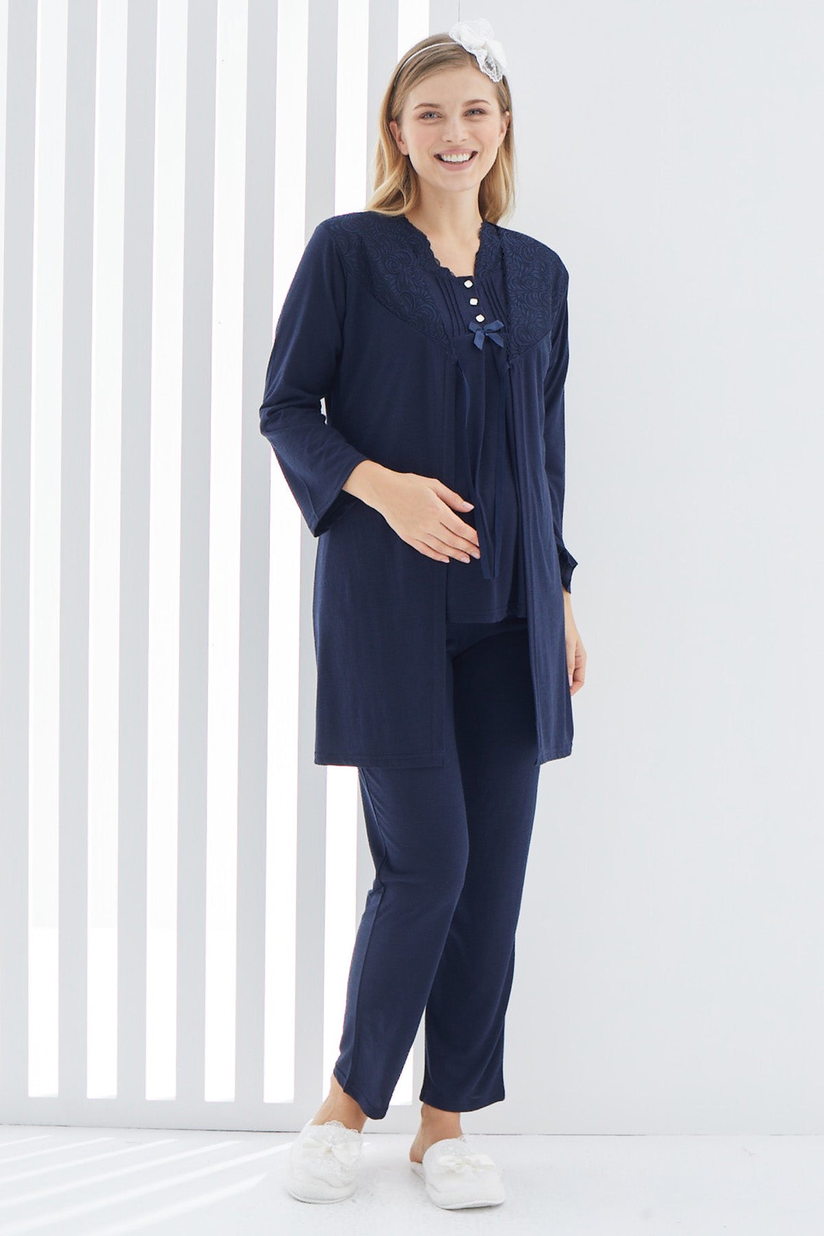 Lace 3-Pieces Maternity & Nursing Pajamas With Guipure Robe Navy Blue - 3402