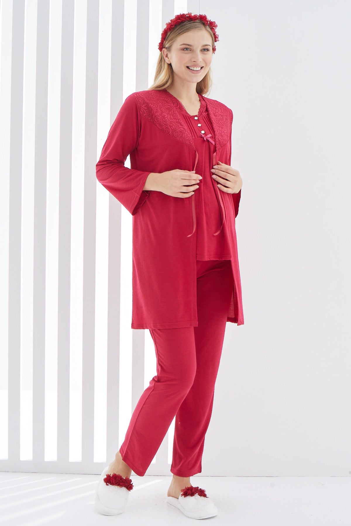Lace 3-Pieces Maternity & Nursing Pajamas With Guipure Robe Red - 3402