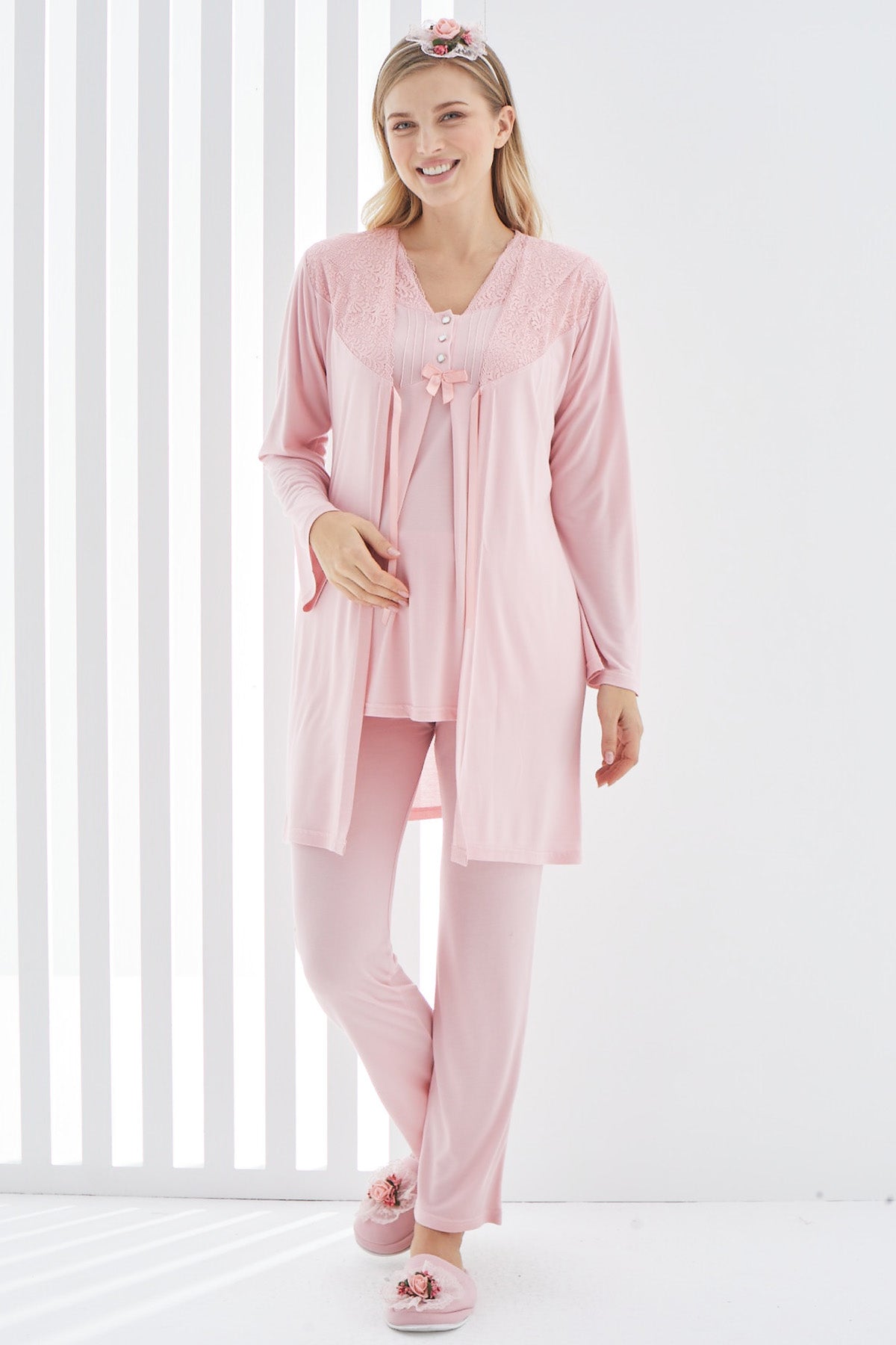 Lace 3-Pieces Maternity & Nursing Pajamas With Guipure Robe Powder - 3402