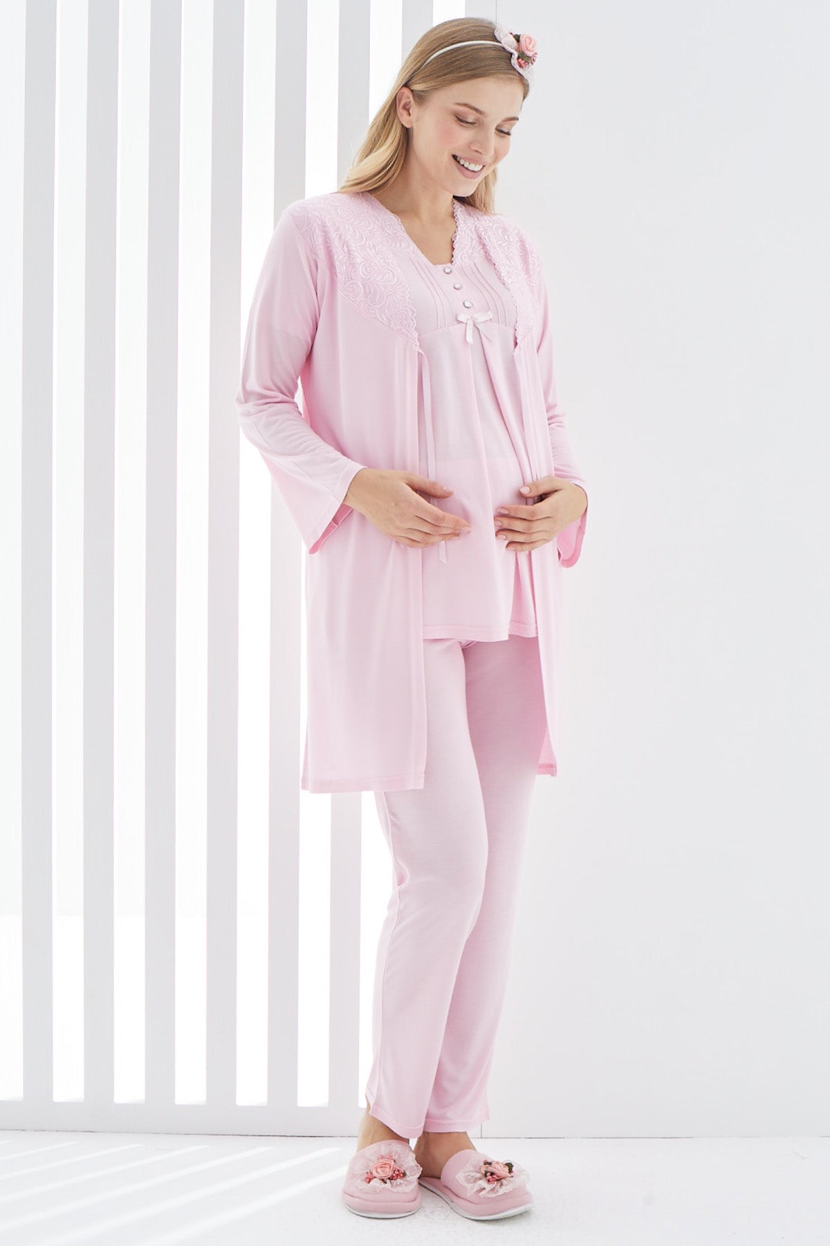 Lace 3-Pieces Maternity & Nursing Pajamas With Guipure Robe Pink - 3402