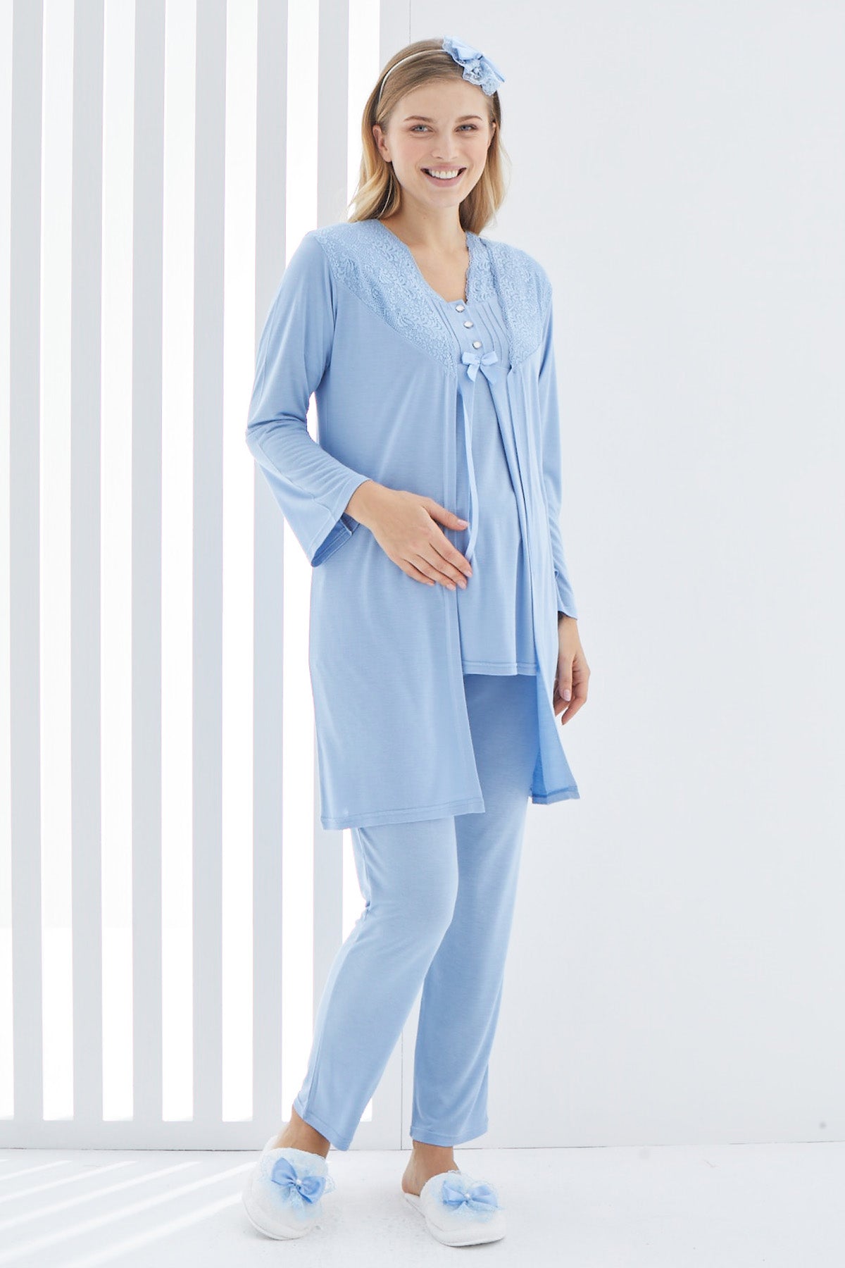 Lace 3-Pieces Maternity & Nursing Pajamas With Guipure Robe Blue - 3402