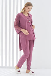 Guipure 3-Pieces Maternity & Nursing Pajamas With Lace Sleeve Robe Plum - 3401