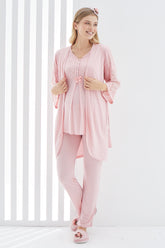Guipure 3-Pieces Maternity & Nursing Pajamas With Lace Sleeve Robe Powder - 3401