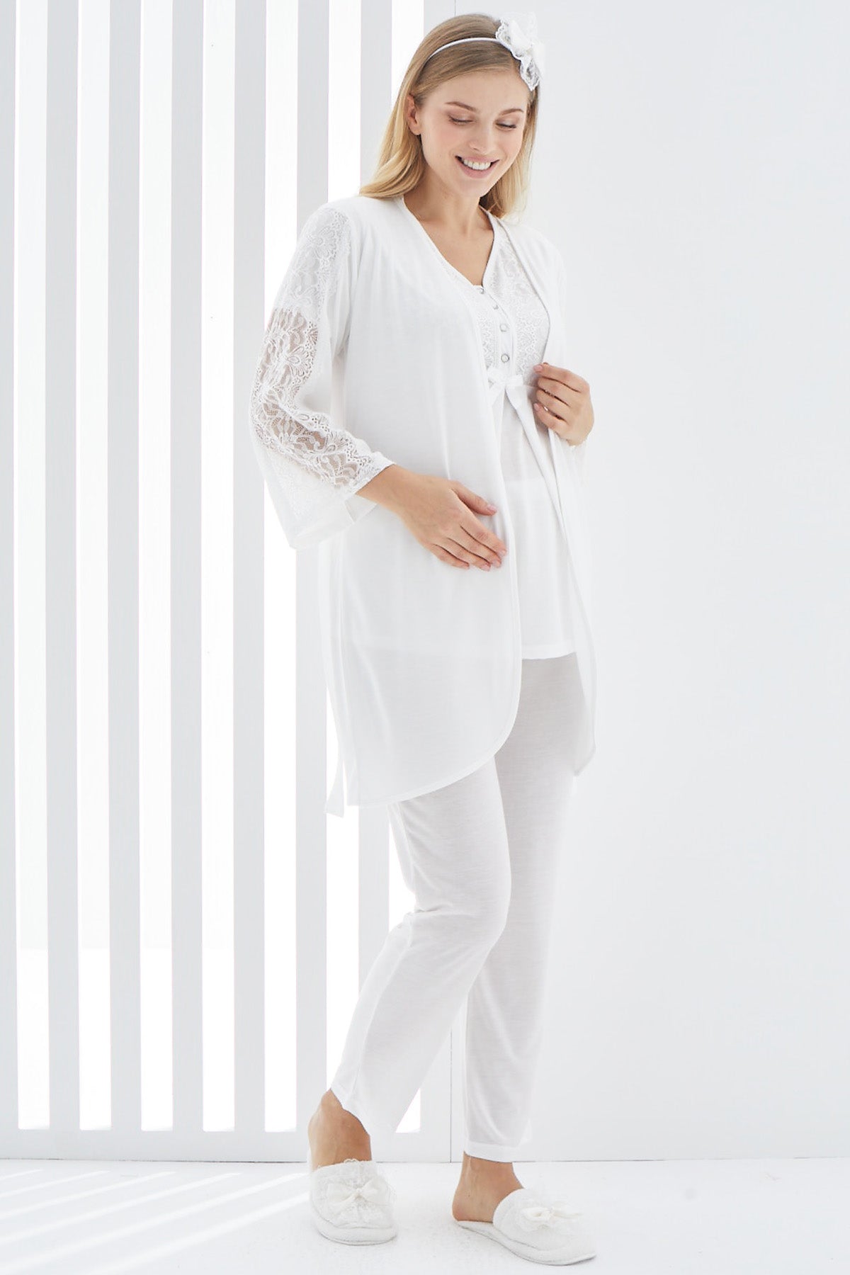 Guipure 3-Pieces Maternity & Nursing Pajamas With Lace Sleeve Robe Ecru - 3401
