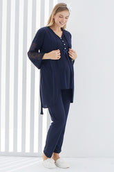 Guipure 3-Pieces Maternity & Nursing Pajamas With Lace Sleeve Robe Navy Blue - 3401