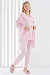 Guipure 3-Pieces Maternity & Nursing Pajamas With Lace Sleeve Robe Pink - 3401