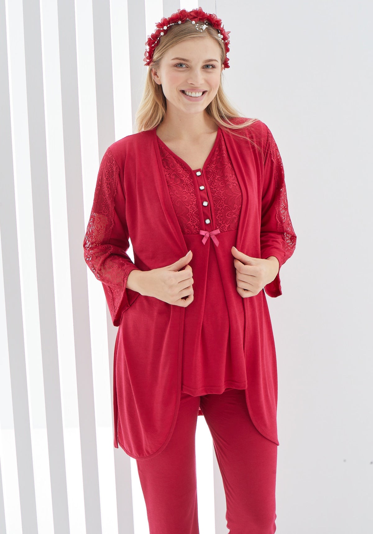 Guipure 3-Pieces Maternity & Nursing Pajamas With Lace Sleeve Robe Red - 3401