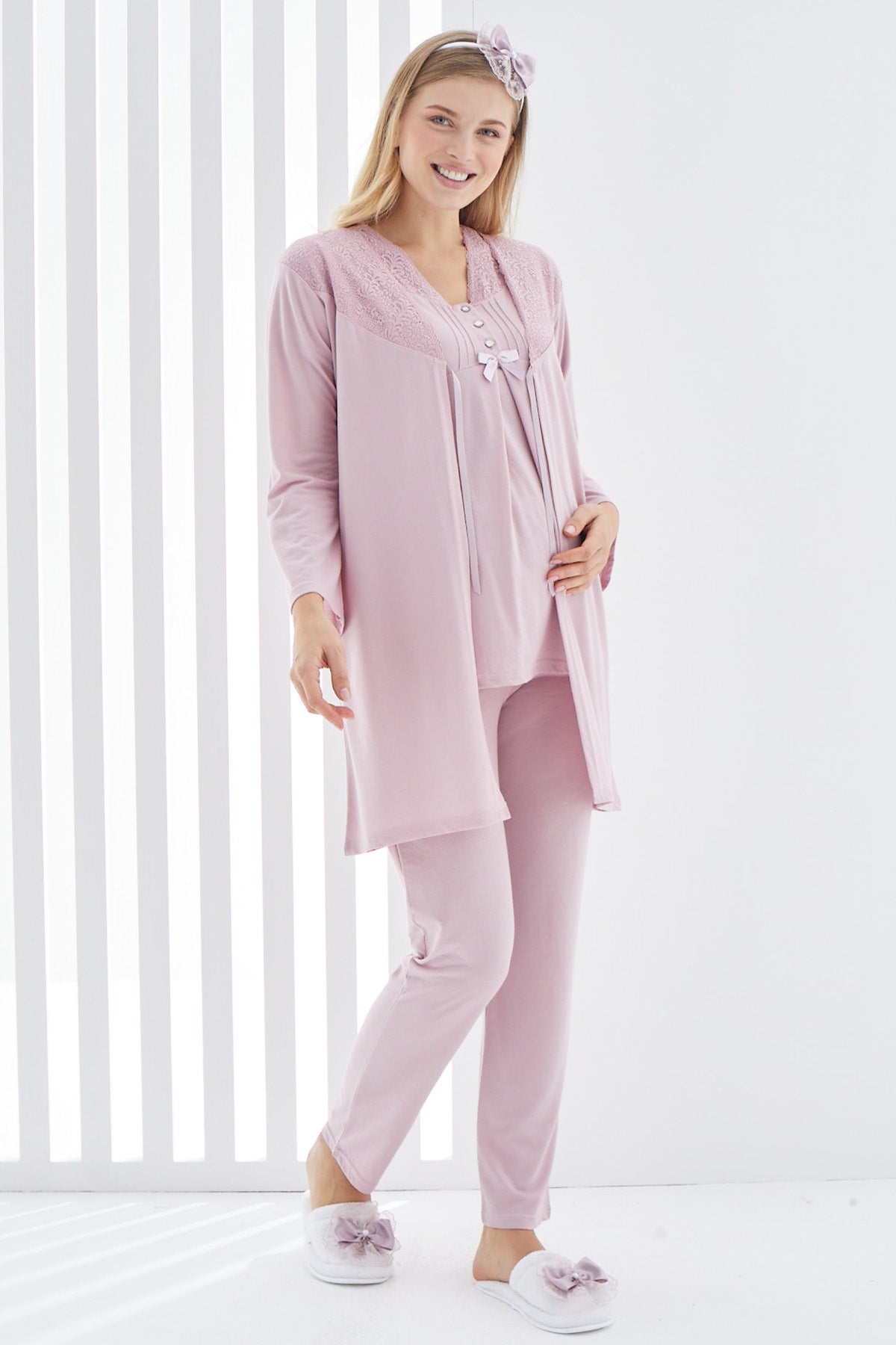 Lace 3-Pieces Maternity & Nursing Pajamas With Guipure Robe Dried Rose - 3402