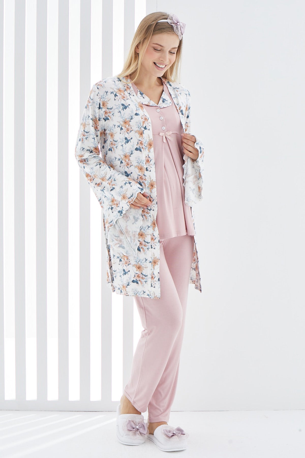 Flower Collar 3-Pieces Maternity & Nursing Pajamas With Flywheel Arm Robe Coffee - 3400
