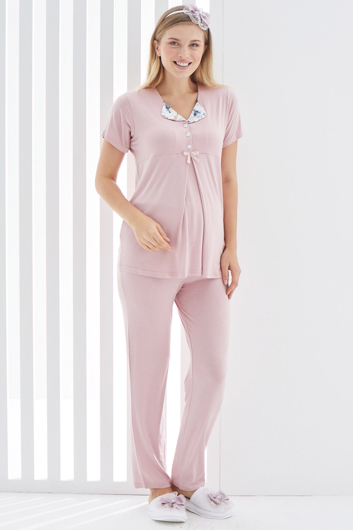 Flower Collar Maternity & Nursing Pajamas Pink - 1166