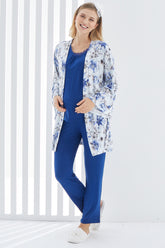 Lace Collar 3-Pieces Maternity & Nursing Pajamas With Flowery Robe Navy Blue - 3399