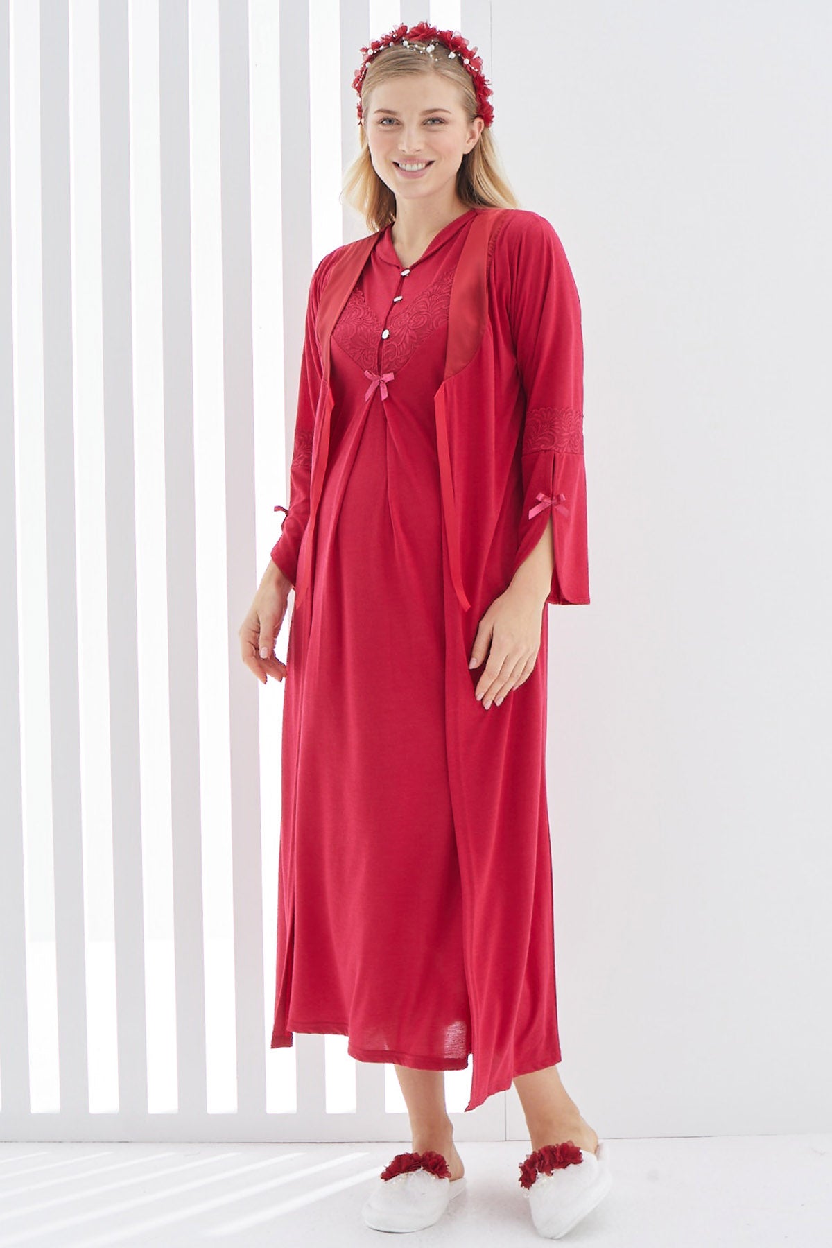 Guipure V-Neck Maternity & Nursing Nightgown With Robe Red - 2268