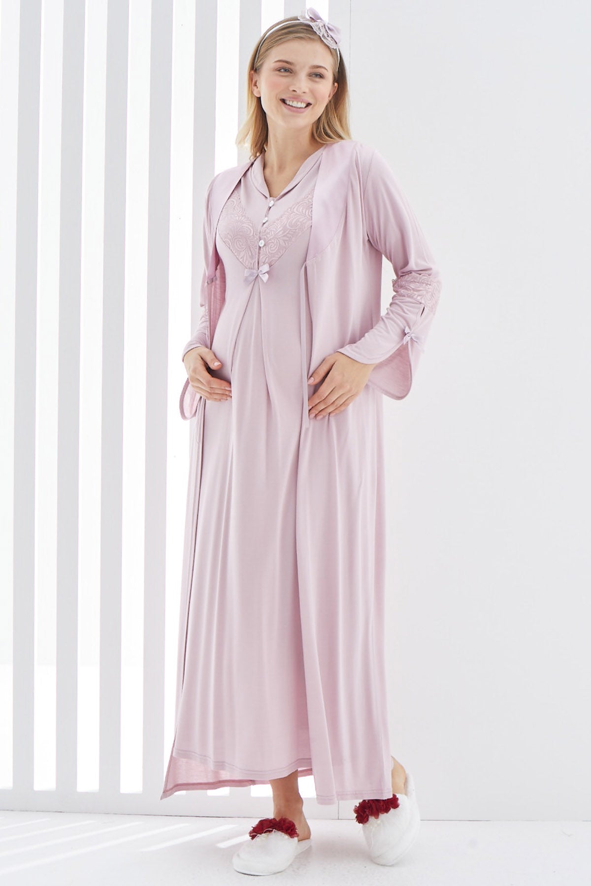 Guipure V-Neck Maternity & Nursing Nightgown With Robe Dried Rose - 2268