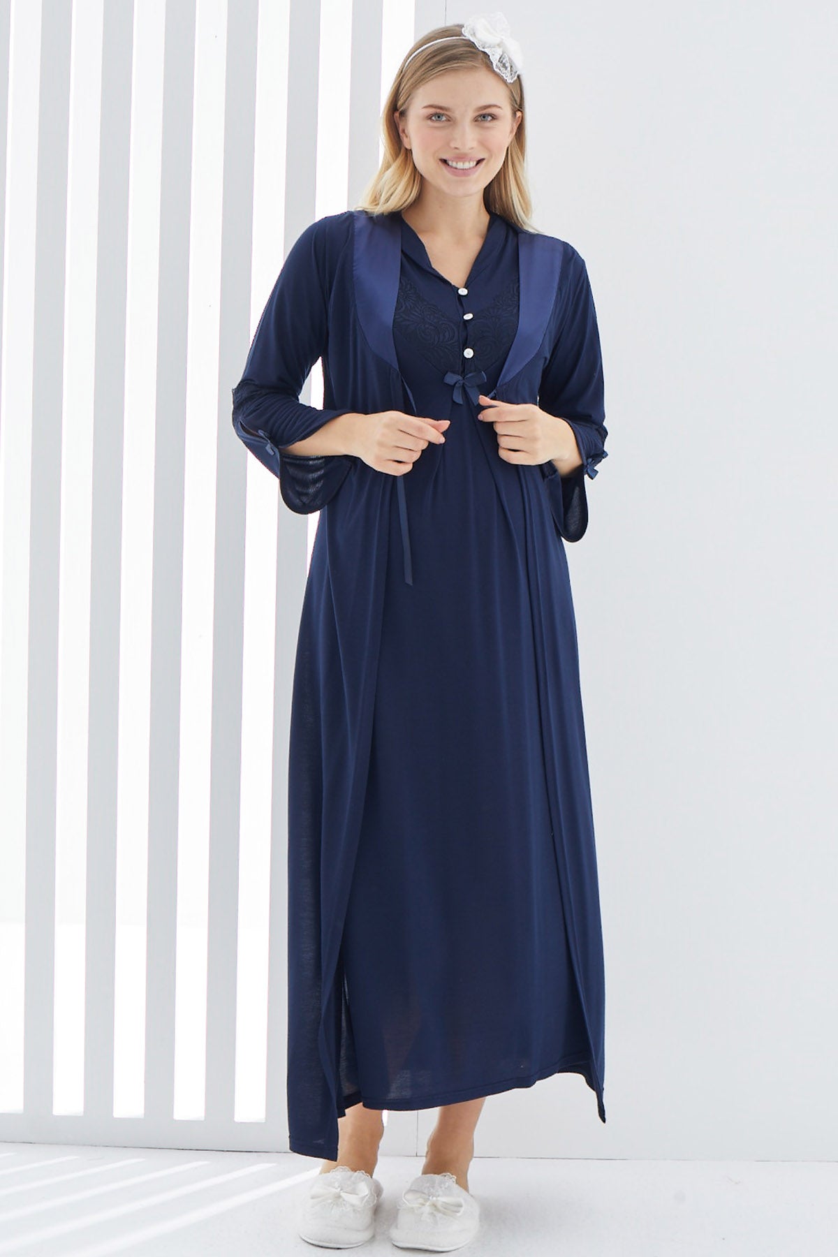 Guipure V-Neck Maternity & Nursing Nightgown With Robe Navy Blue - 2268