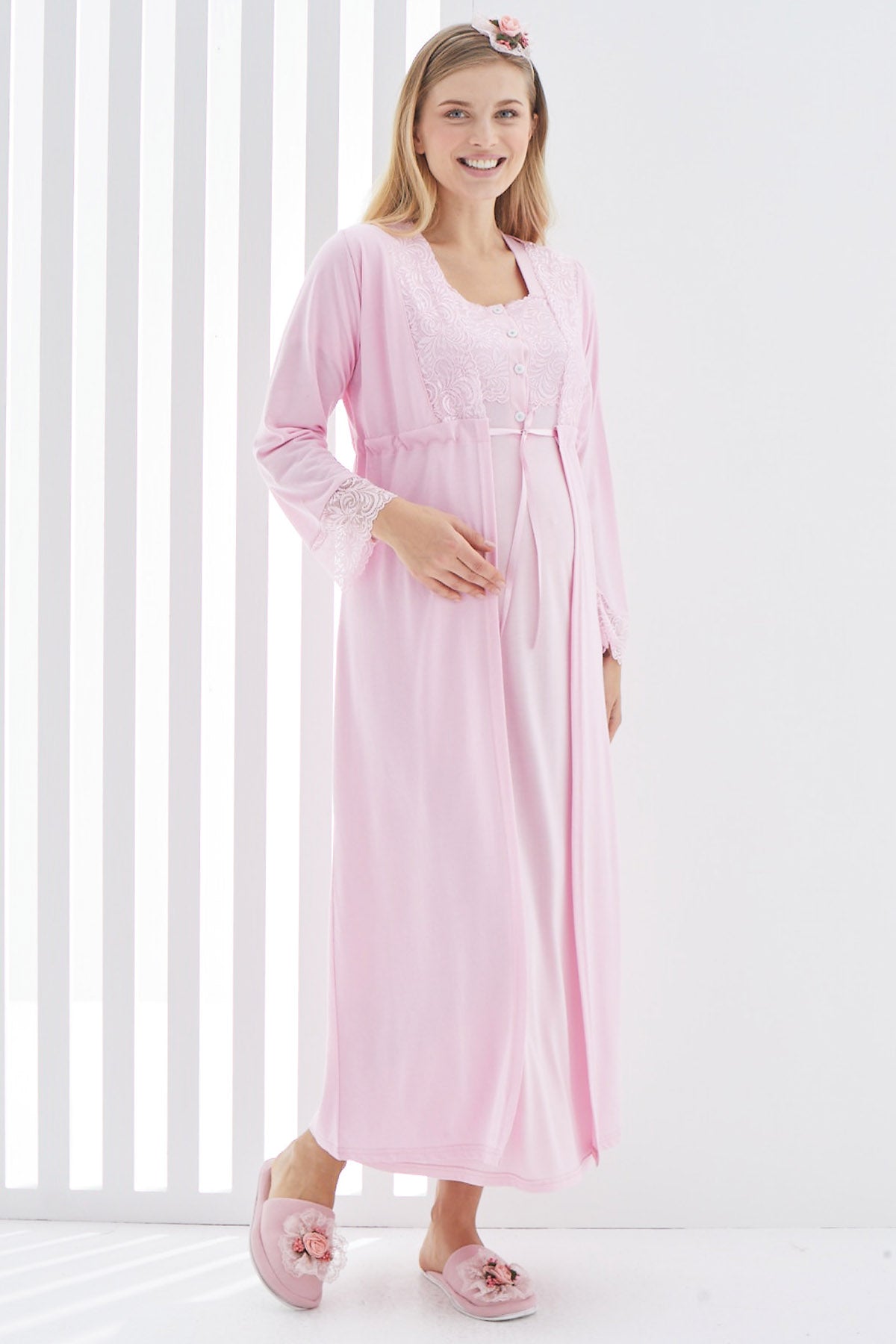Maternity & Nursing Nightgown With Lace Sleeve Robe Pink - 2267