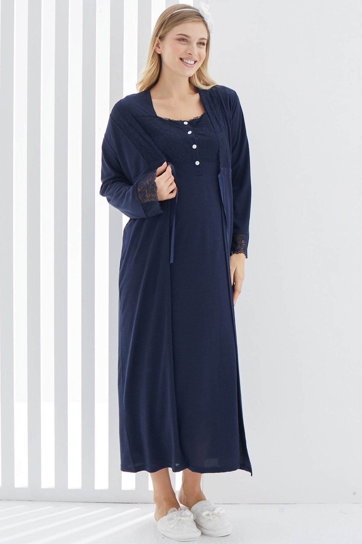 Maternity & Nursing Nightgown With Lace Sleeve Robe Navy Blue - 2267