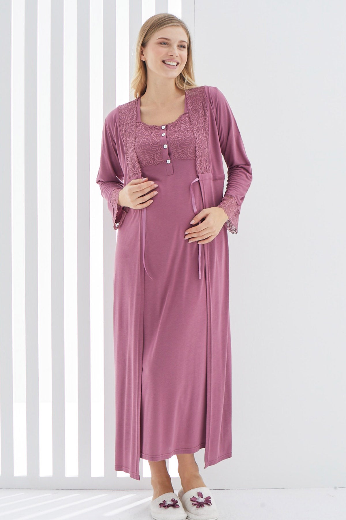 Maternity & Nursing Nightgown With Lace Sleeve Robe Plum - 2267